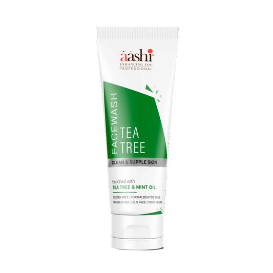 Aashi Tea Tree Facewash 75ml shown in a sleek bottle with a refreshing design, perfect for deep cleansing oily and acne-prone skin, enriched with tea tree oil for a healthy complexion.
