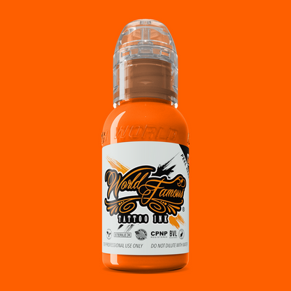 WORLD FAMOUS Everest Orange 15ml tattoo ink with vibrant pigmentation and smooth flow, perfect for tattoo artists.