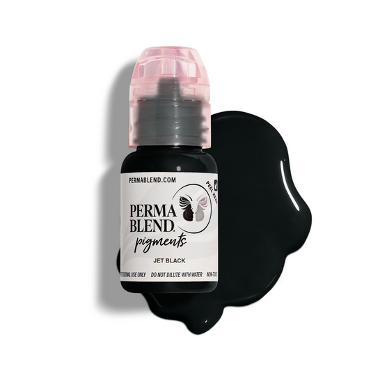 Permablend Jet Black 15ml pigment for permanent makeup, showcasing its dark, bold color ideal for dramatic eyeliner looks.