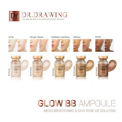 Dr. Drawing Glow BB Glow kits arranged on a beauty counter, promoting all-in-one solutions for creating radiant complexions.
