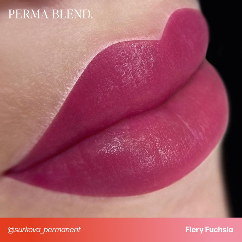 Permablend Fiery Fuchsia swatch on skin to display the powerful purple-pink hue for permanent lip makeup.