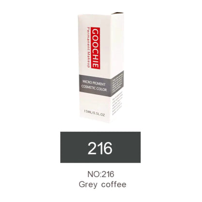 Packaging design of Goochie Grey Coffee 216 eyebrow pigment with product details underlined.