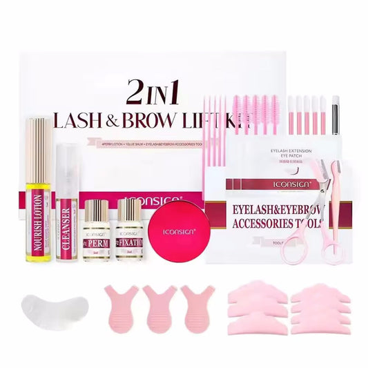 Complete Lash And Brow Lift Kit set showcasing its components, perfect for DIY eyebrow lamination and lash lifting. This 2 in 1 Eyebrow and Lash lifting kit includes essential tools for eyebrow tinting and lifting, providing salon-quality results at home.