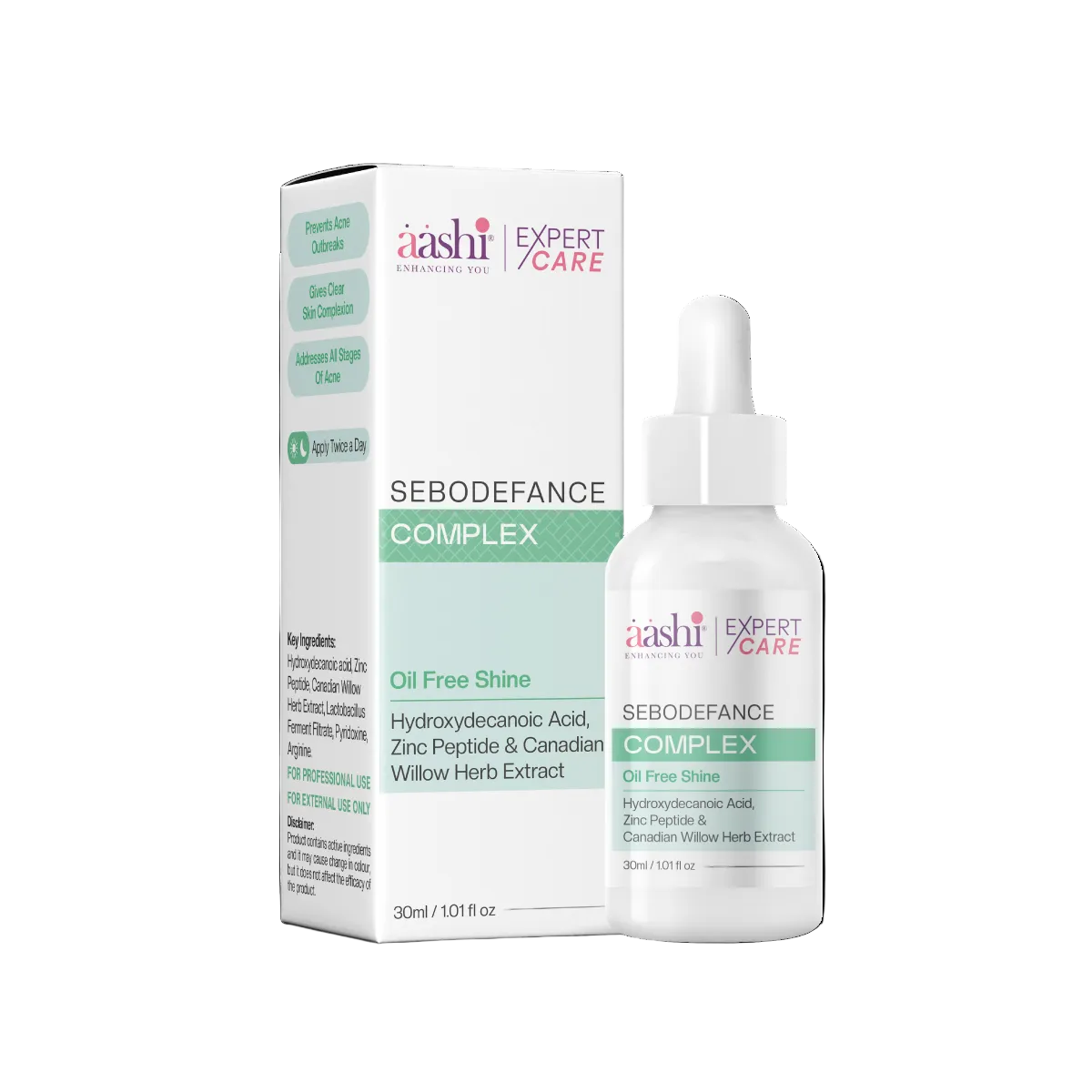 Aashi Sebodefance Complex 30ml by SD Cosmetics Care, showcasing the oil-free formula designed to calm irritation, reduce redness, and manage sebum production for acne-prone skin. Perfect for controlling excess oil and preventing breakouts, this Sebodefance Complex is essential for a clear complexion.