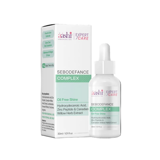Aashi Sebodefance Complex 30ml by SD Cosmetics Care, showcasing the oil-free formula designed to calm irritation, reduce redness, and manage sebum production for acne-prone skin. Perfect for controlling excess oil and preventing breakouts, this Sebodefance Complex is essential for a clear complexion.