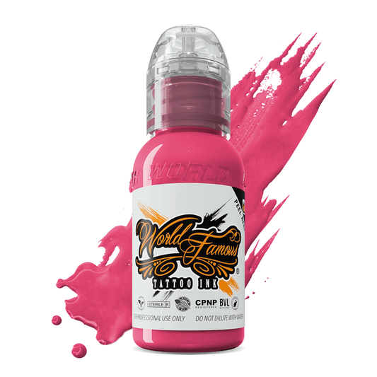 WORLD FAMOUS Bali Pink 15ml Tattoo Ink, showcasing high pigment and fast healing properties, perfect for tattoo artists.