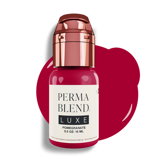Permablend Luxe Pomegranate 15ml bottle showcasing the vibrant and deep cool pink pigment, ideal for permanent makeup applications.