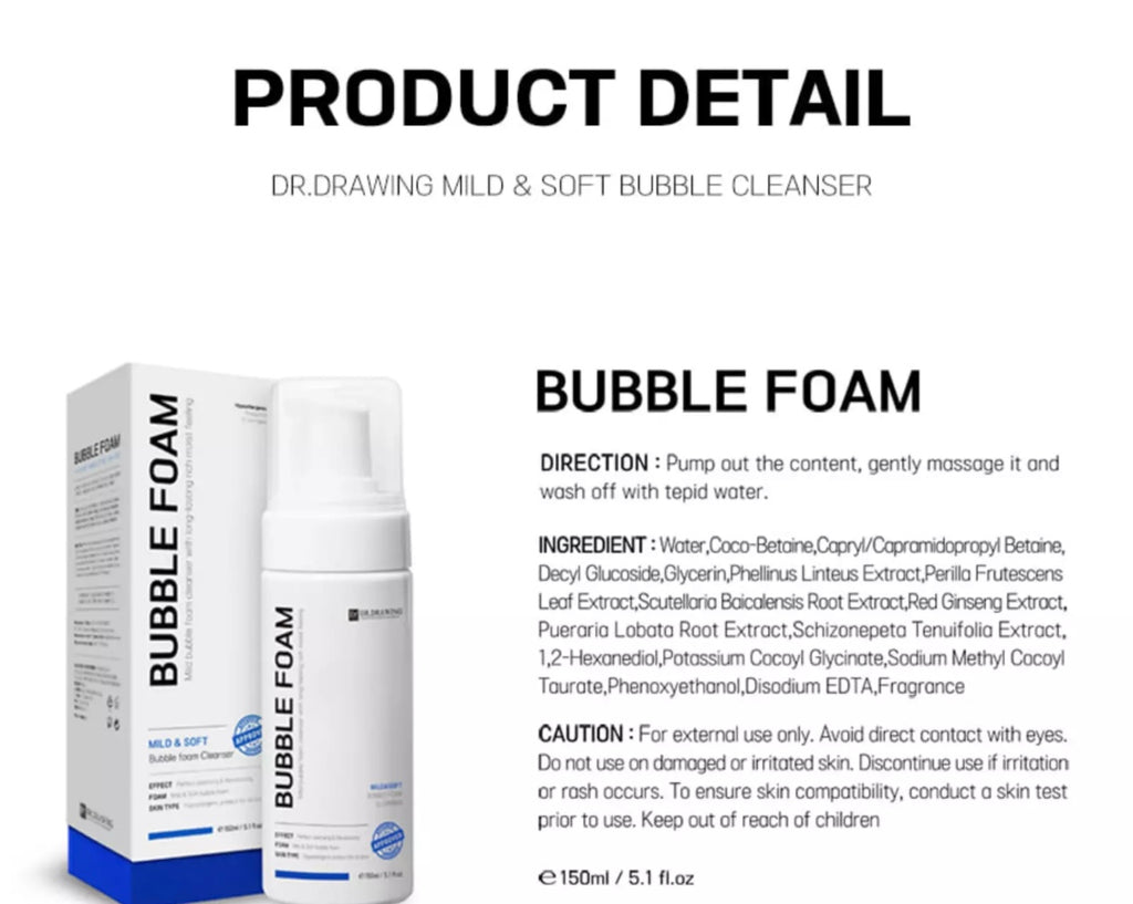 Dr. Drawing Bubble Foam Cleanser ingredients showcase, highlighting natural extracts for gentle cleansing.