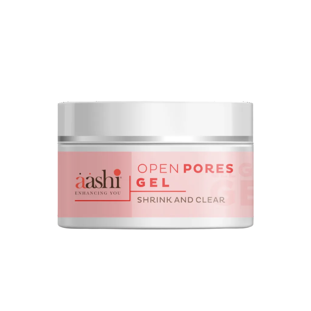 Aashi Open Pores Gel 50gm featuring a smooth application texture designed to minimize enlarged pores and promote youthful skin.