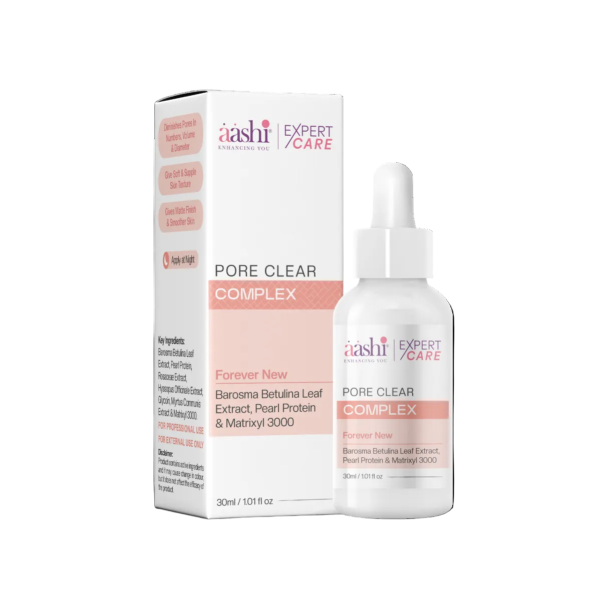 Aashi Pore Clear Complex 30ml product image, showcasing its nourishing formula for smoother and firmer skin, ideal for minimizing open pores.
