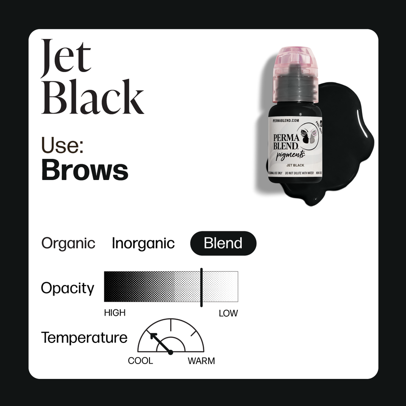 Swatch of Permablend Jet Black pigment, perfect for achieving crisp lines and bold eyebrows in permanent makeup.