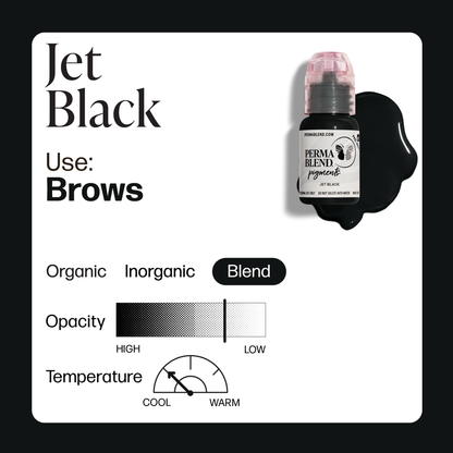 Swatch of Permablend Jet Black pigment, perfect for achieving crisp lines and bold eyebrows in permanent makeup.