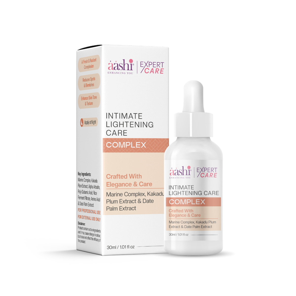 Aashi Intimate Lightening Complex 30ml by SD Cosmetics Care, featuring a bottle that highlights the product's effectiveness in enhancing skin tone with its Intimate Lightening Complex.