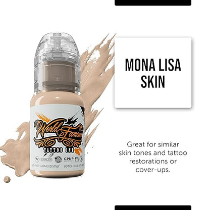 World Famous Tattoo Ink – Mona Lisa Skin - 15ml displayed next to tattoo equipment, perfect for artists.