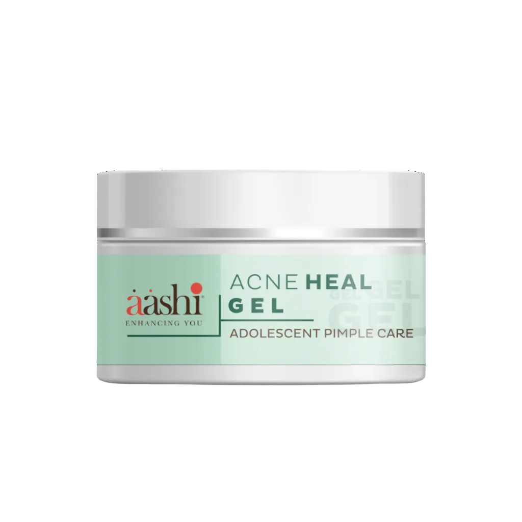 Aashi Acne Heal Gel 50gm designed for adolescent pimple care, targeting acne-causing bacteria to promote healing and prevent breakouts with natural ingredients.