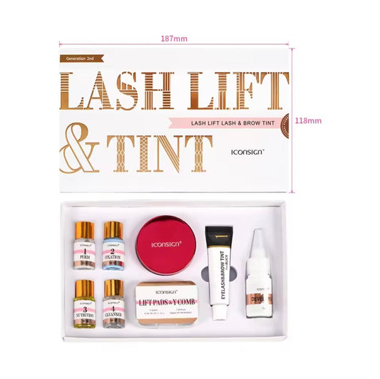 Overview of the ICONSIGN Lash Lift & Tint Kit - Black, featuring all essential tools for perfect eyebrow and lash enhancements. Ideal 2 in 1 Eyebrow and Lash lifting kit for at-home beauty routines.