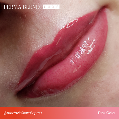 Before and after comparison showcasing the stunning results of PERMABLEND LUXE Pink Gala on model's lips.