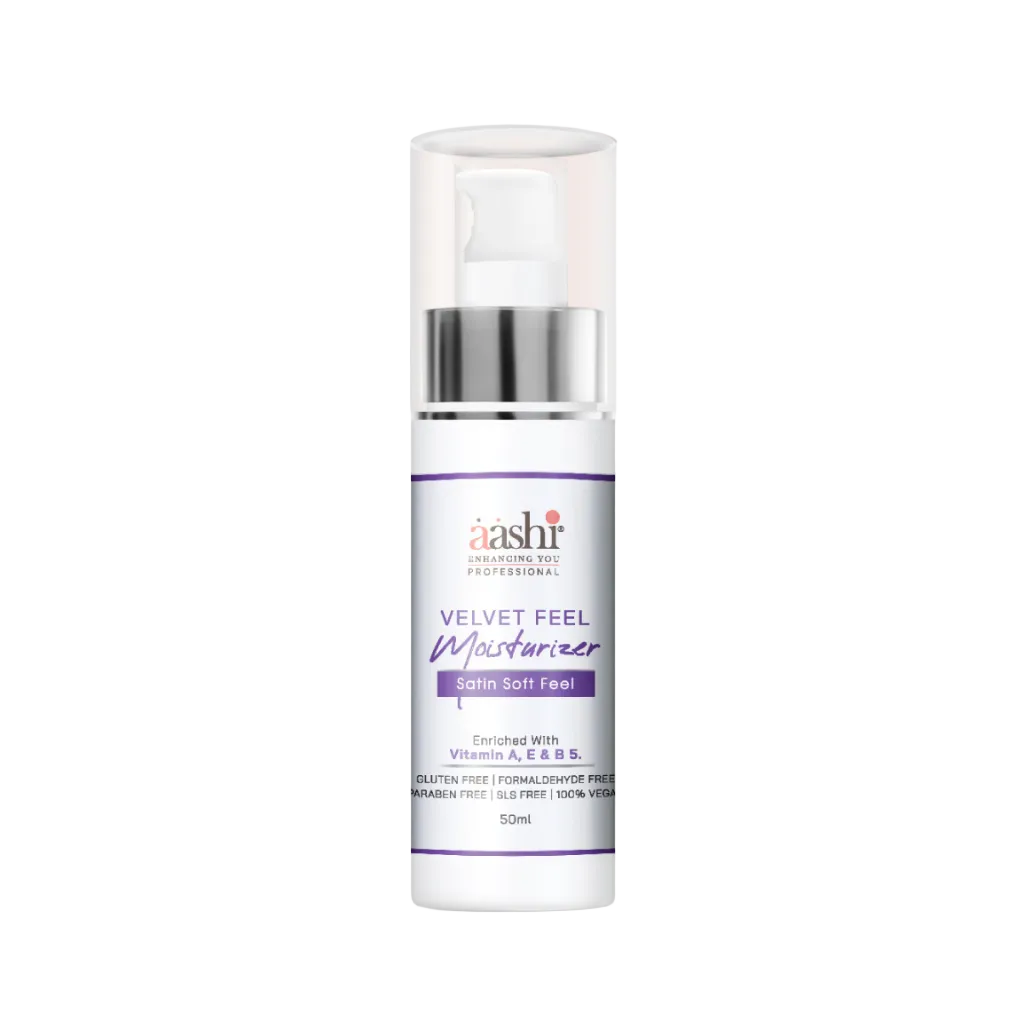 Aashi Velvet Feel Moisturizer 50ml displayed showcasing its creamy texture and packaging, ideal for dry skin and enhancing hydration, perfect as a non-greasy moisturiser.
