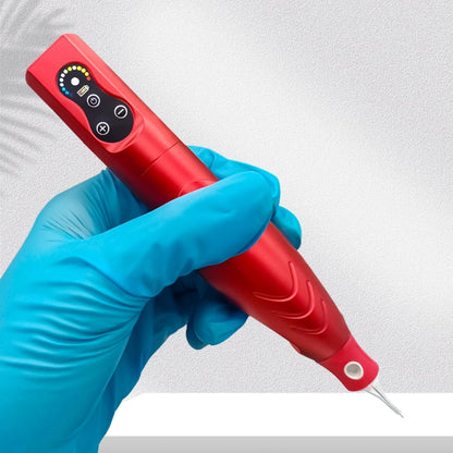 Hand-held view of the MO Wireless Permanent Makeup Tattoo Pen Machine in red, showcasing its user-friendly design. A perfect accessory for artists who utilize a Permanent Makeup wireless machine and Pmu machine.