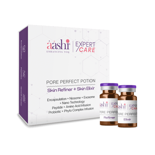 Aashi Pore Perfect Potion showcasing its ability to minimize pores and refine skin texture, highlighting the benefits of the Aashi pore care product.