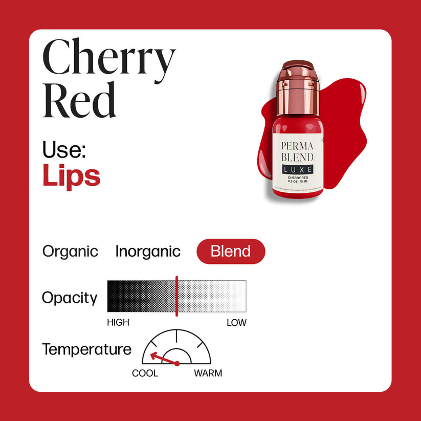 Application of Permablend LUXE - Cherry Red pigment on skin, highlighting its medium opacity and lasting color quality.
