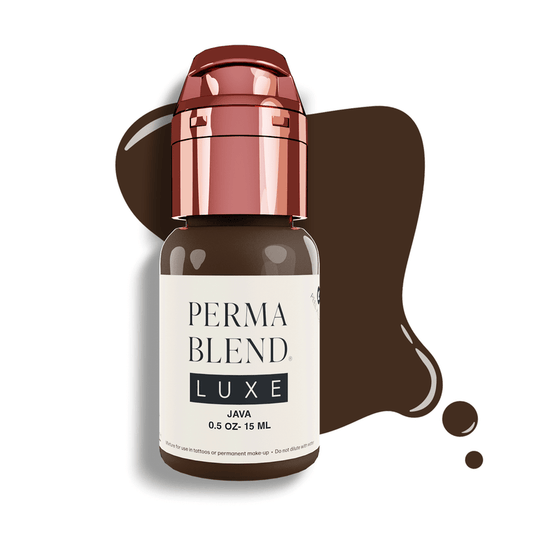 PERMABLEND LUXE Java 15ml bottle showcasing permanent makeup pigment for eyebrow PMU, highlighting its cool brown medium opacity.