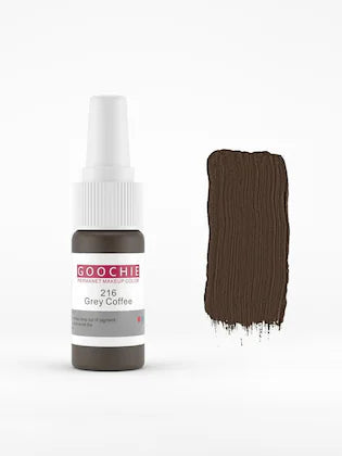 Goochie Grey Coffee 216 eyebrow pigment in a 15ml bottle, swatched on a surface showing its dark brown hue.