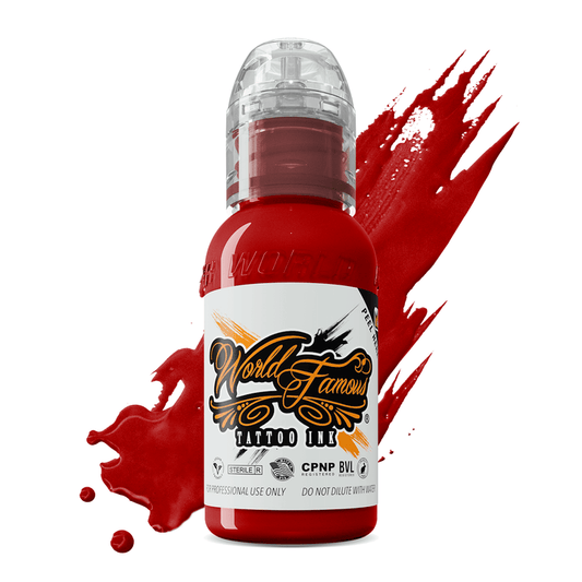 WORLD FAMOUS Red Hot 15ml Tattoo Ink showcasing its vibrant hue, perfect for bold and creative tattoo designs.