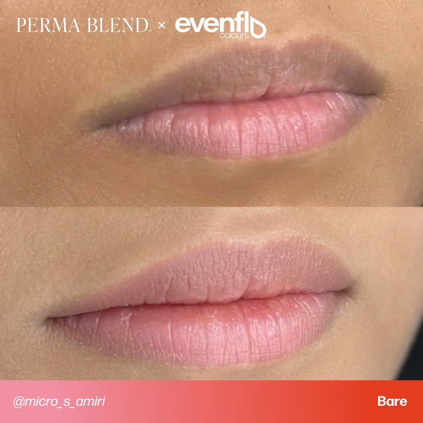 Before and after results using Permablend Evenflo Bare, demonstrating the natural look achieved with this permanent makeup pigment.