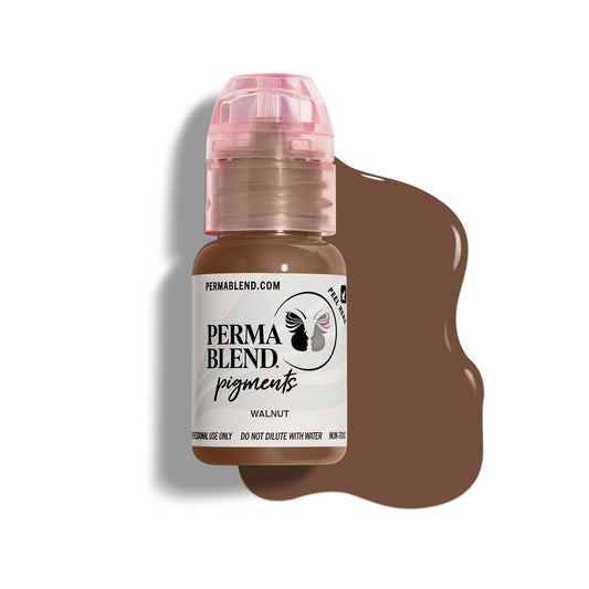 Image of Permablend Walnut 15ml Permanent Makeup Pigment showcasing its medium brown shade with cool undertones, perfect for PMU eyebrow applications.