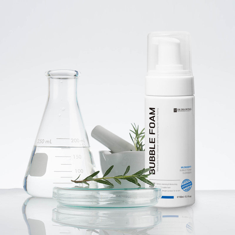 Dr. Drawing Bubble Foam Cleanser product displayed against a clean background, emphasizing its calming ingredients.