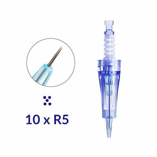 PERMANENT MAKEUP DR PEN NEEDLE R5 (5pin) 10-pack for A6 Devices showcasing sterile packaging and needles.