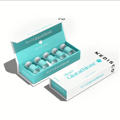 Close-up of Medisco Meso Glutathione serum, highlighting its role as a Medisco SkinBooster for anti-aging and skin brightening through mesotherapy.