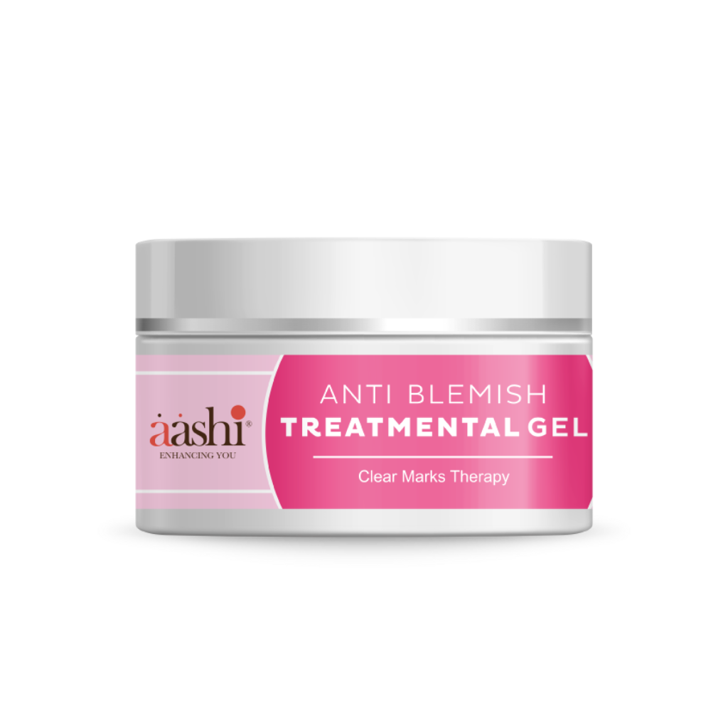 Aashi Anti-Blemish Treatmental Gel 50gm displayed on a clean surface, highlighting its benefits for reducing stains and blemishes, making it perfect for achieving clear skin.