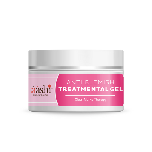 Aashi Anti-Blemish Treatmental Gel 50gm displayed on a clean surface, highlighting its benefits for reducing stains and blemishes, making it perfect for achieving clear skin.