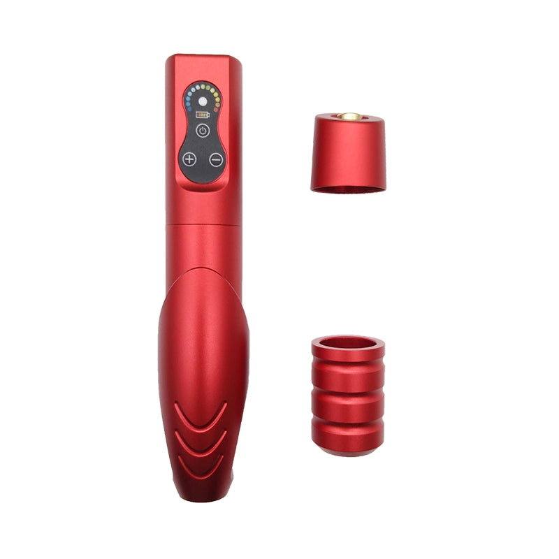 Vibrant red MO Wireless Permanent Makeup Tattoo Pen Machine displayed with interchangeable grip, designed for optimal performance. A top selection for anyone seeking a Permanent Makeup wireless machine and Pmu machine.