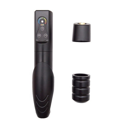 Close-up view of the MO Wireless Permanent Makeup Tattoo Pen Machine in black, showcasing its digital display and interchangeable grip. Ideal for those looking for a dependable Permanent Makeup wireless machine and Pmu machine.