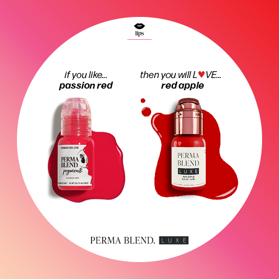 Packaging of PERMABLEND LUXE Red Apple 15ml highlighting its organic formulation, EU REACH compliant, and perfect for creating custom lip shades.