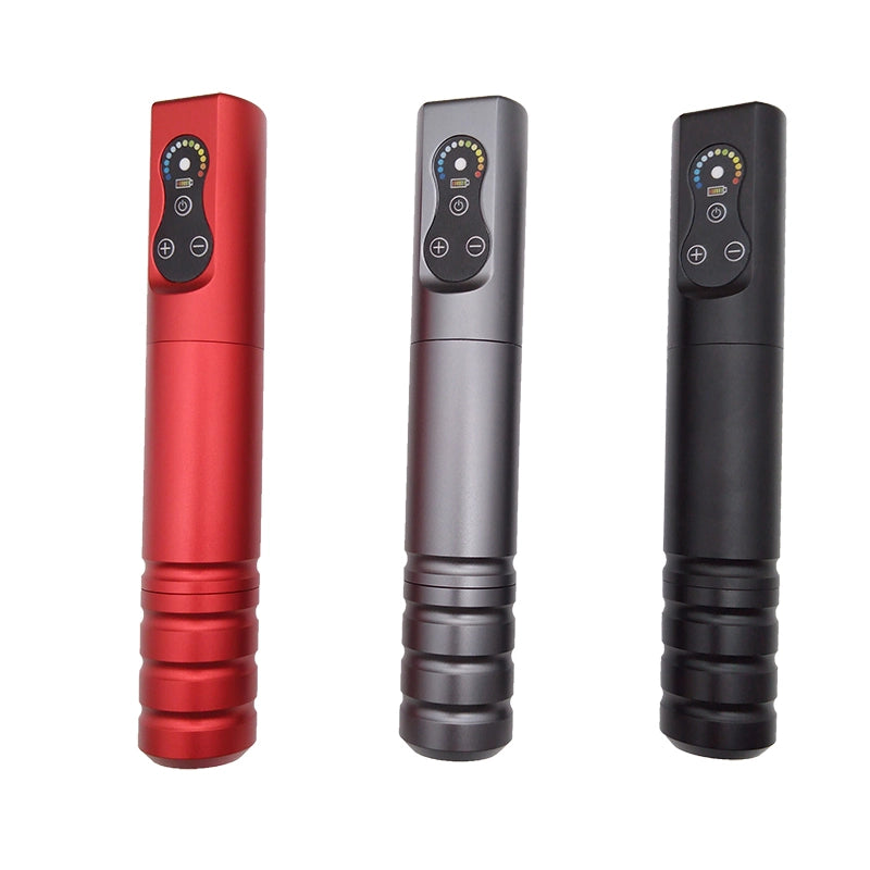 Collection of MO Wireless Permanent Makeup Tattoo Pen Machines in red, gray, and black, highlighting their versatile features for professional use. An essential set for those needing a Permanent Makeup wireless machine and Pmu machine.