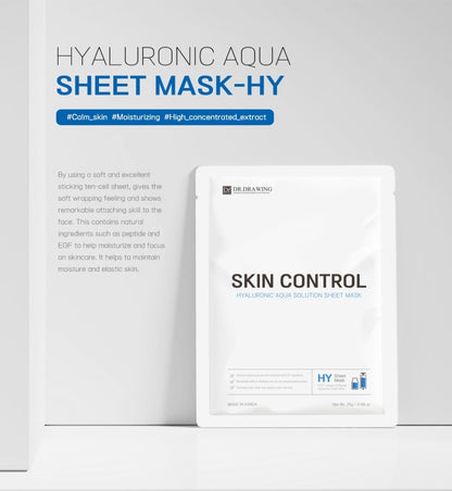 Close-up of Dr. Drawing Skin Control Hyaluronic Aqua Solution Sheet Mask showing the high-quality serum and ingredients for soothing skin.