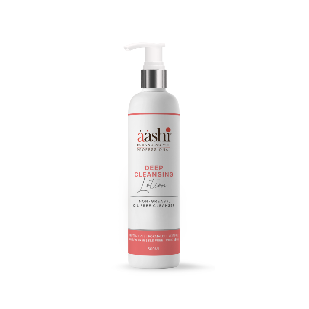 Aashi Deep Cleansing Lotion bottle showcasing its oil-free formula, designed to remove dirt and impurities, featured in the Aashi Facial kit and Aashi peel based treatment kit, perfect for all skin types.