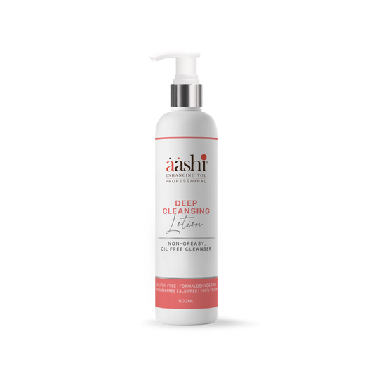 Aashi Deep Cleansing Lotion bottle showcasing its oil-free formula, designed to remove dirt and impurities, featured in the Aashi Facial kit and Aashi peel based treatment kit, perfect for all skin types.