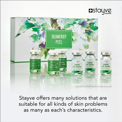 Image of Stayve Seanergy Peel products with various ampoules displayed beside a box, emphasizing the skincare solutions for diverse skin issues.