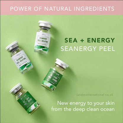 Four Stayve Seanergy Peel ampoules set on a vibrant green background, showcasing the focus on natural ingredients for skin rejuvenation.