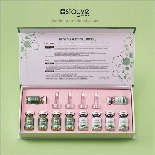 Stayve Seanergy Peel kit opened, displaying small bottles and details on the benefits of natural ingredients for skincare.