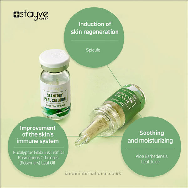 Close-up of Stayve Seanergy Peel solution and powder ampoules, highlighting their skin regeneration properties and natural extracts.