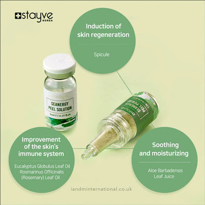 Close-up of Stayve Seanergy Peel solution and powder ampoules, highlighting their skin regeneration properties and natural extracts.