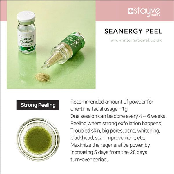 Detailed images describing the benefits of the Stayve Seanergy Peel ampoule set, including visual process of using the product for skin improvement.
