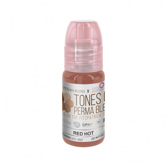 Bottle of Perma Blend Red Hot pigment, 15ml, featuring a pink cap and labeled for professional use, designed for dark brown to black hair and brown skin tones.